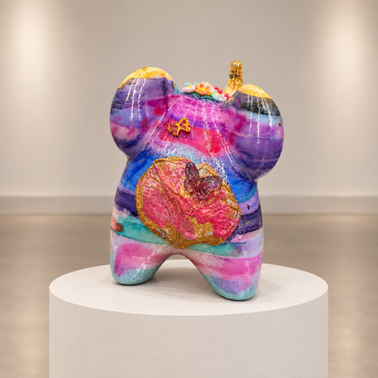 Petal elephant figurine with floral details displayed on a circular pedestal in a neutral gallery