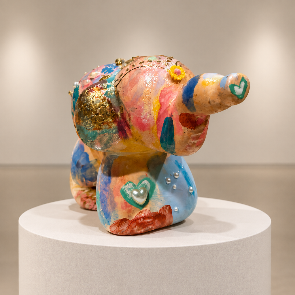 Clover elephant figurine with clover details displayed on a circular pedestal in a neutral gallery