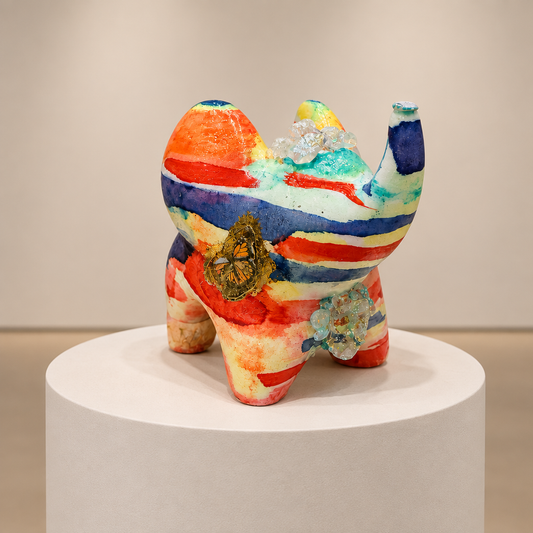 Juniper elephant figurine on a circular pedestal against a neutral gallery background