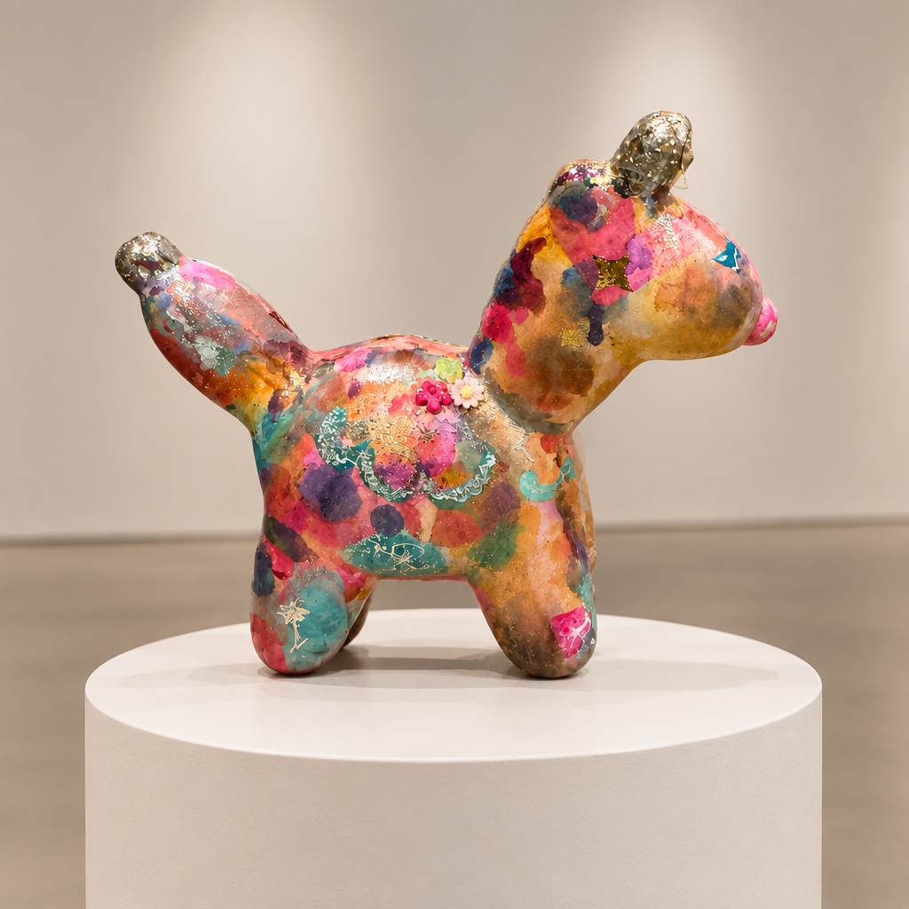 Mariposa unicorn figurine on a circular pedestal, photographed in a soft neutral gallery setting