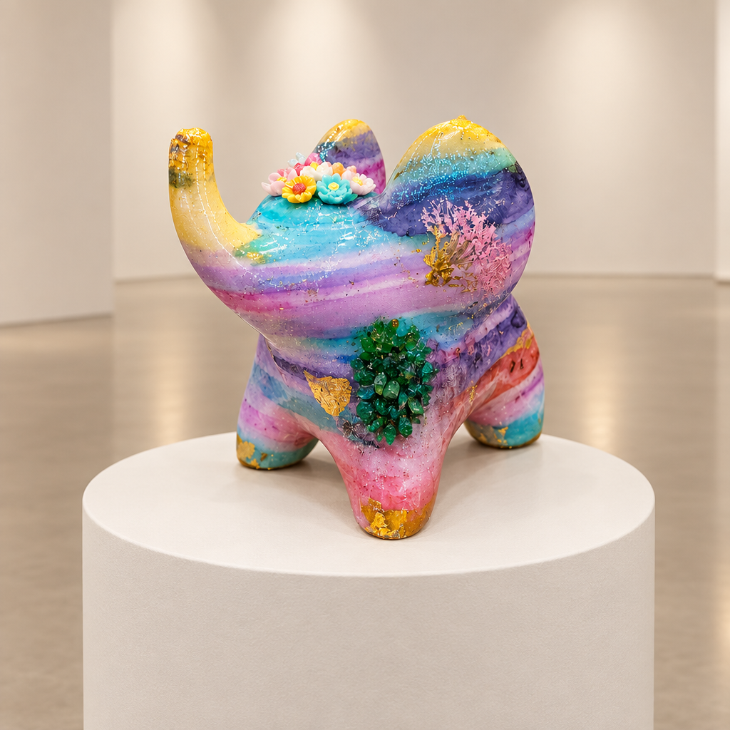 Petal elephant figurine on a circular pedestal against a neutral gallery background