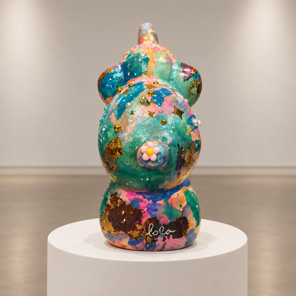 Clover elephant sculpture on a circular pedestal, photographed in a soft neutral gallery