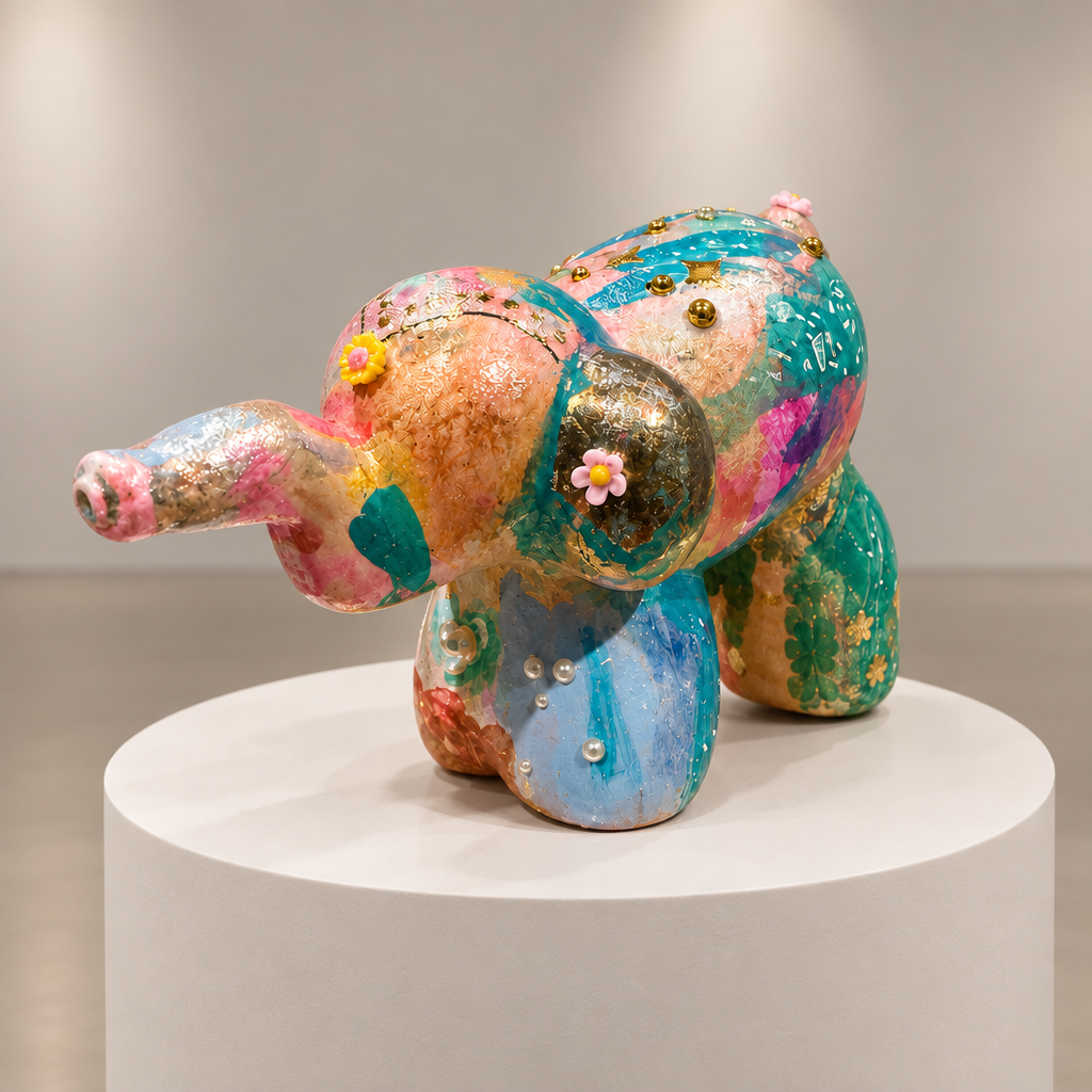 Clover elephant figurine on a circular pedestal against a neutral gallery background