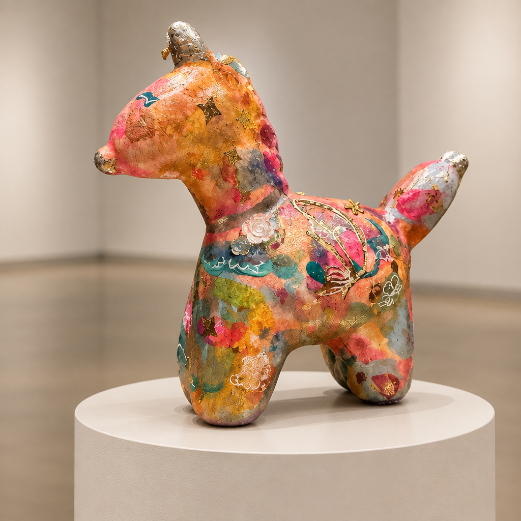 Mariposa unicorn figurine on a circular pedestal against a neutral gallery background