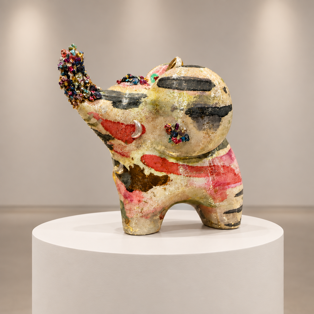 Detail of the Opal elephant figurine displayed on a circular pedestal against a neutral gallery background