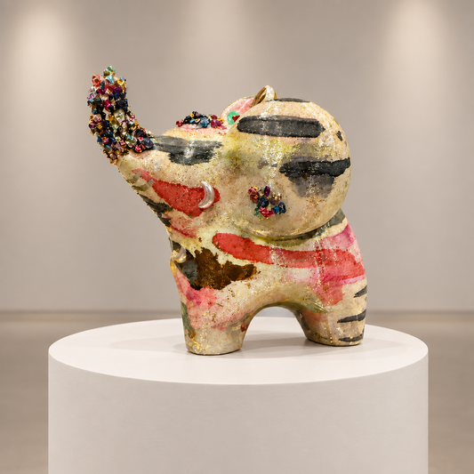 Detail of the Opal elephant figurine displayed on a circular pedestal against a neutral gallery background