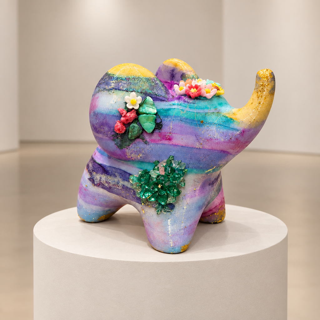 Petal elephant artwork displayed on a circular pedestal, photographed in a soft neutral gallery
