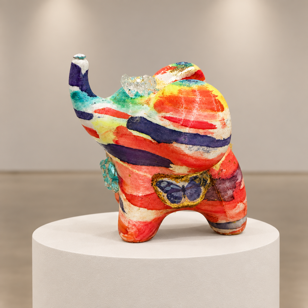 Juniper elephant sculpture on a simple circular pedestal, photographed in a soft neutral gallery