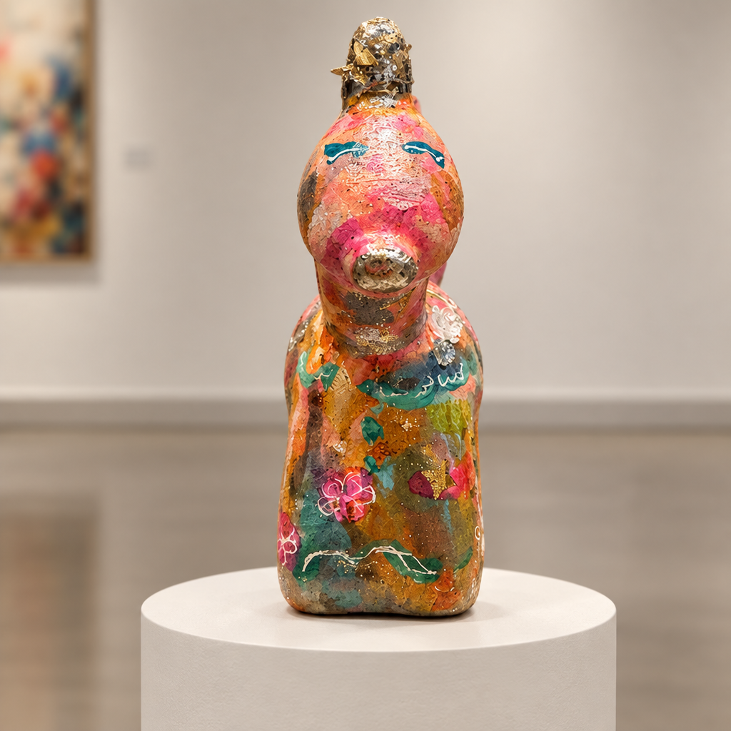 Mariposa unicorn figurine displayed on a circular pedestal in a neutral gallery setting