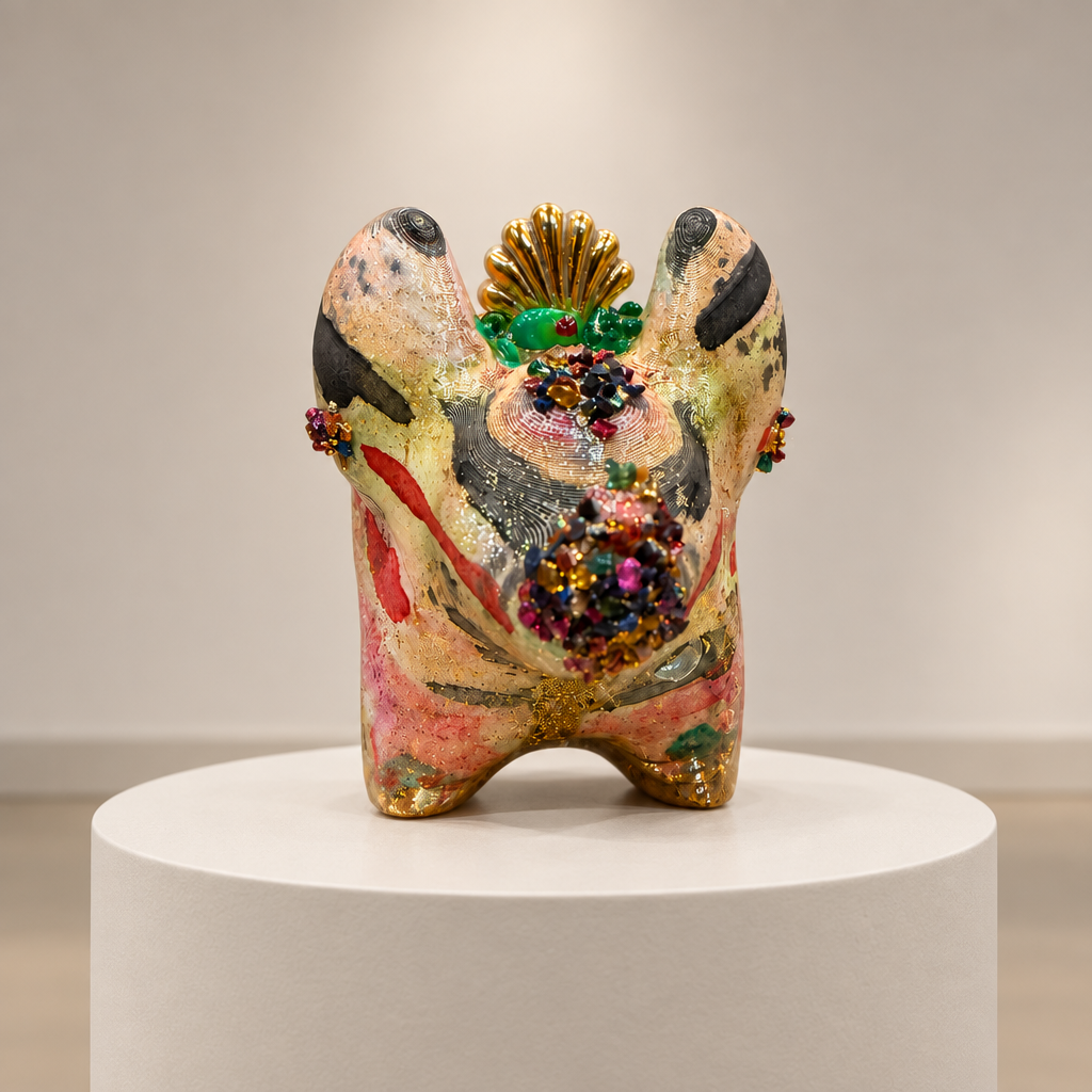 Opal elephant figurine on a circular pedestal against a neutral gallery background