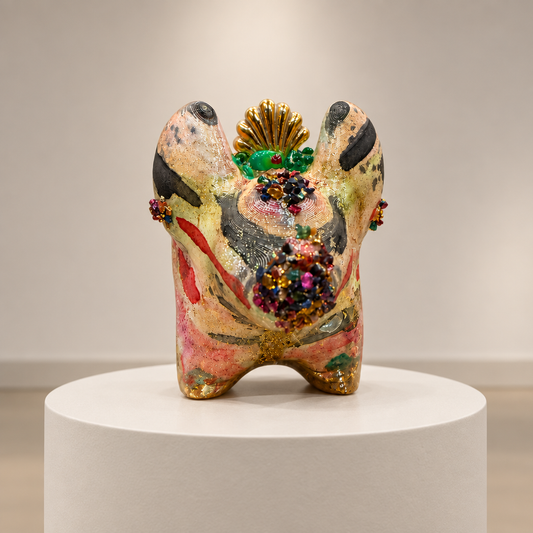 Opal elephant figurine on a circular pedestal against a neutral gallery background