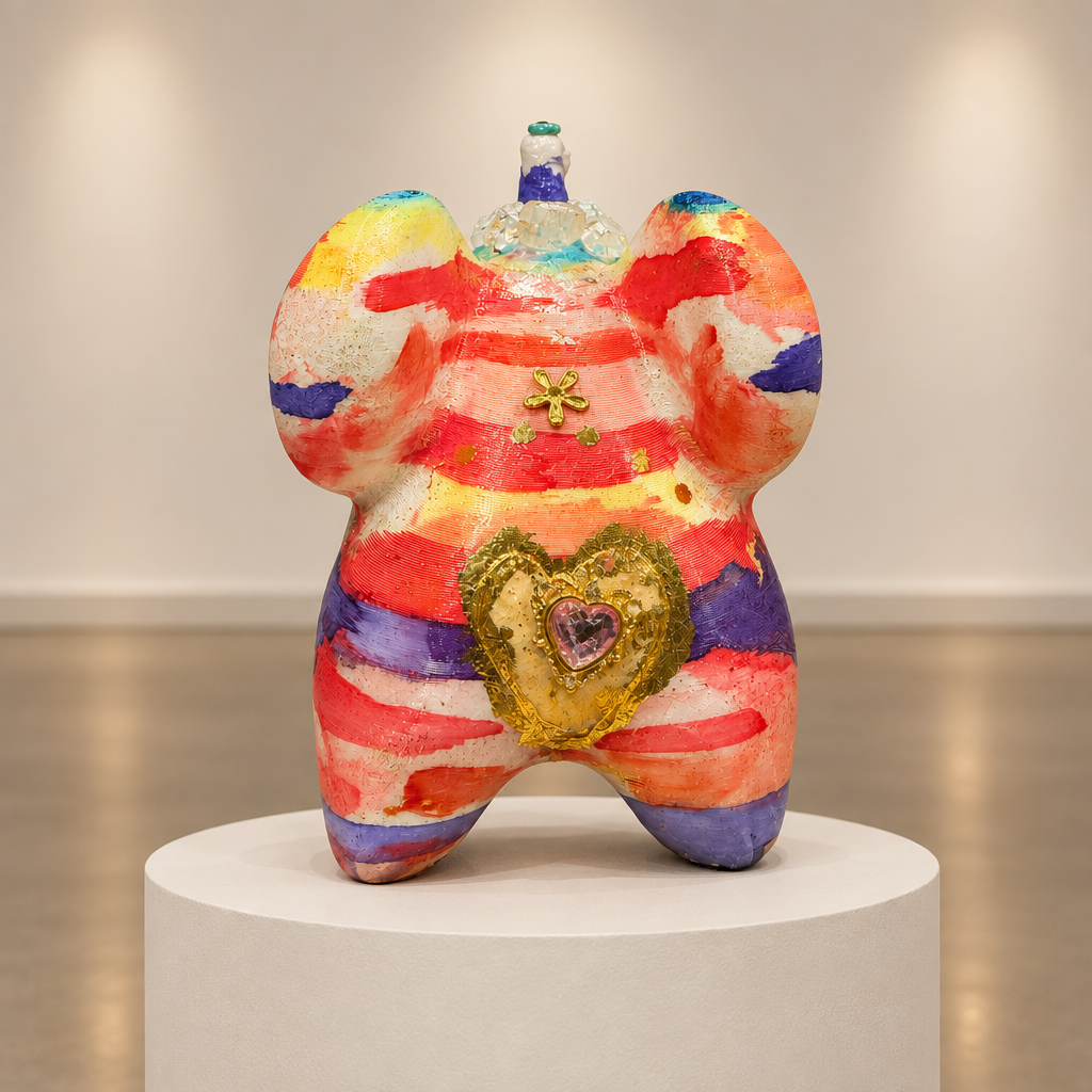 Juniper elephant figurine displayed on a circular pedestal in a neutral gallery setting